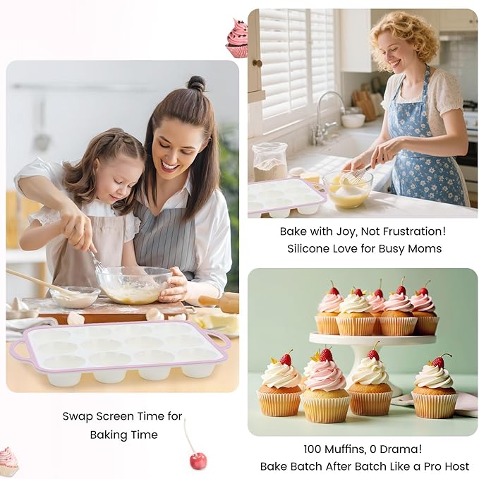 Silicone Muffin Pans for Baking 1 Pack, 2.6 Inch with Metal Reinforced Frame, Regular Size Nonstick Silicone Cupcake Pan for Baking Homemade Muffins, Cupcakes, Dishwasher Safe BPA Free-Pink
