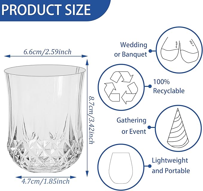48 PCS Transparent Stemless Wine Glasses，Plastic Reusable Cups 9OZ Vintage Drinking Glasses Tumblers for Whisky, Beer, Juice, Beverages, Cocktai
