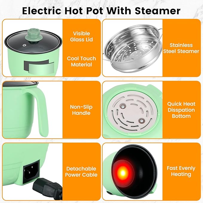 Hot Pot Electric With Steamer,Rapid Ramen Cooker,1.8L Mini Portable Self Heating Electric Pot For Cooking Noodles Oatmeal Pasta,Shabu Shabu Hotpot Pot Electric Dorm Lazy Pot,Non-Stick Green