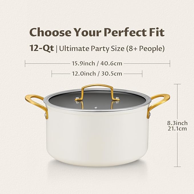 BEZIA Non Stick Stock Pot With Lid, 12 Quart Large Stockpot for Catering for Groups and Events, Induction Cooking Pot for All Stoves, Sturdy & Double Handle, Ideal for Soups & Stews, Cream