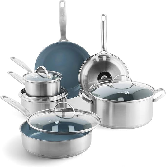 GreenPan Treviso 10 Piece Cookware Set, Non-Toxic PFAS-Free Stainless Steel Ceramic Nonstick Coating, Induction Suitable, Pots, Pans Lids, Sauté & Saucepans, Multi Clad, Dishwasher & Oven Safe