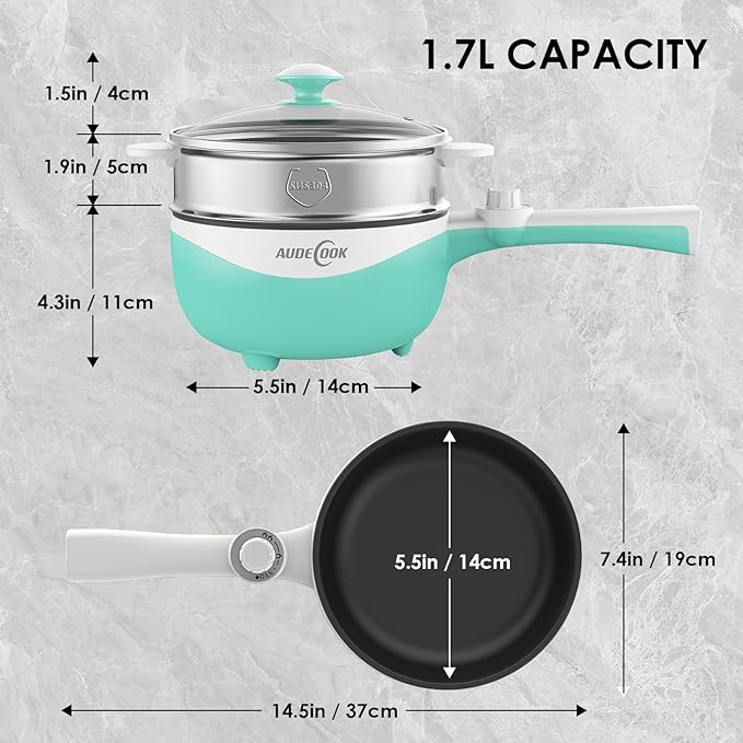 Audecook Hot Pot Electric, 1.7L Mini Electric Skillet Portable Nonstick Sauté Pan with Power Adjustment, Rapid Noodles Cooker Travel Multicooker for Steak/Soup/Egg/Oatmeal/Noodles