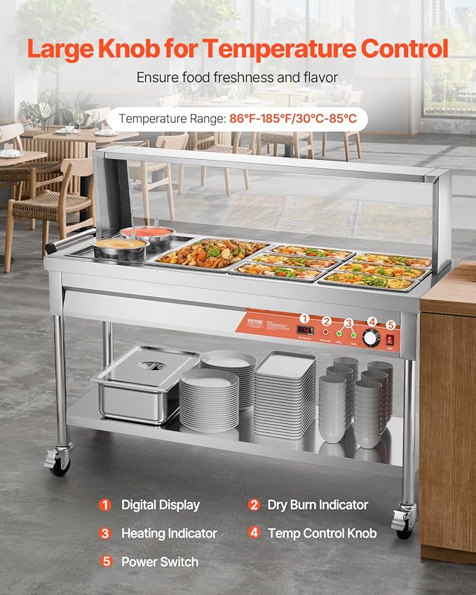 VEVOR Commercial Food Warmer, 7 Pans + 2 Pots Electric Steam Table, 1800W Professional Buffet Catering Food Warmer with Shield Undershelf Wheels, Stainless Steel Server for Party Restaurant Hotel