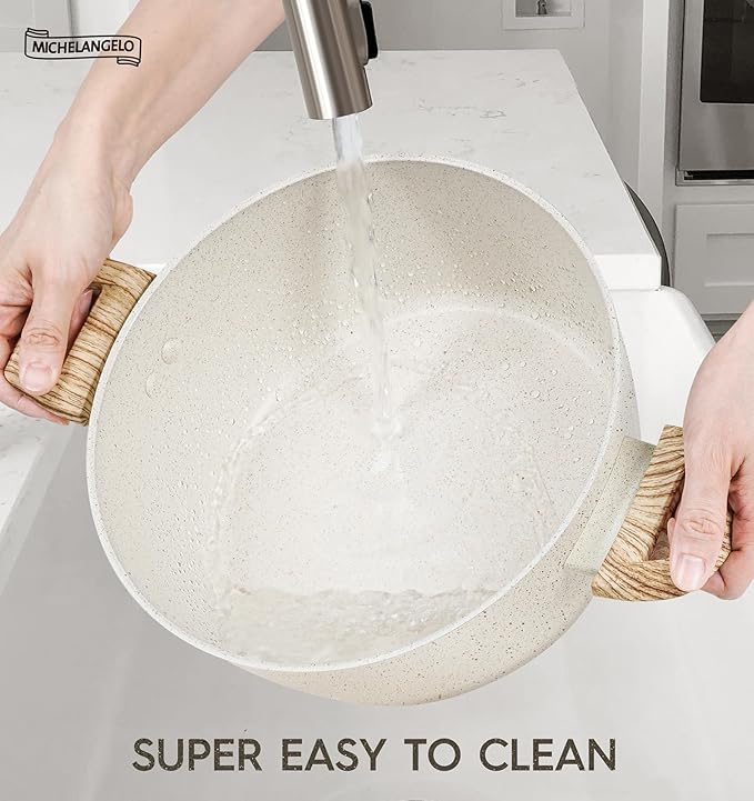 MICHELANGELO 4.3 Quart Nonstick Soup Pot with Lid, Non-Toxic Granite Coating, Induction Compatible, Non Stick Pot for Cooking with Stay-cool Handles, White