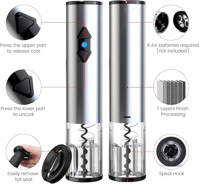 CIRCLE JOY Electric Wine Opener, Battery Wine Opener, Wine Bottle Opener, Electric Corkscrew, Wine Puller, Wine Screwpull, Uncorker, Cork Remover, Stainless Steel