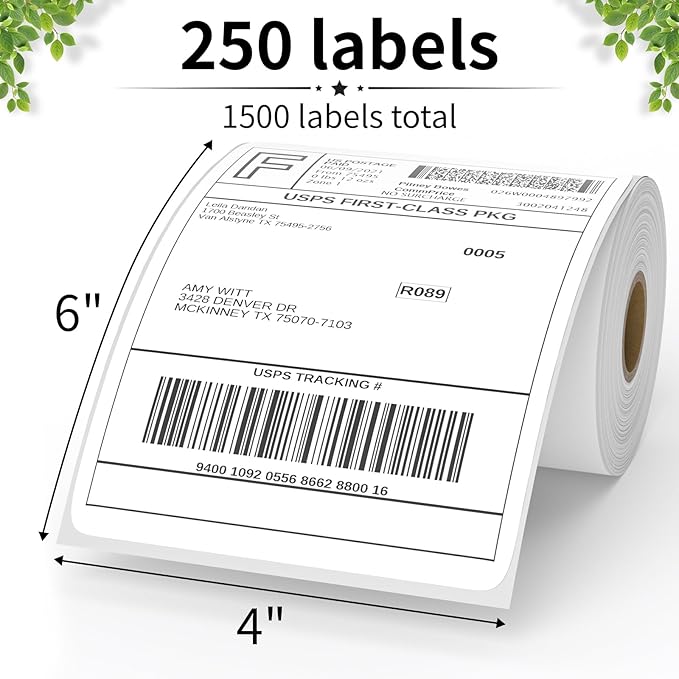 FungLam 6 Rolls 4"x6" Thermal Shipping Labels, 250 Labels/6 Roll, 1" Core, Perforated, Address Mailing Shipping Labels Compatible with JADENS,Rollo, Zebra,iDPRT.