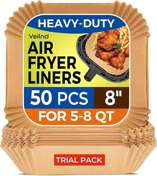Air Fryer Paper Liners, 50 PCS Air Fryer Liners Disposable, 8" Square Baking Liner for 5-8 qt Airfryer Basket, Non-stick and Oil Proof Parchment Paper for Oven, Pans & Baking