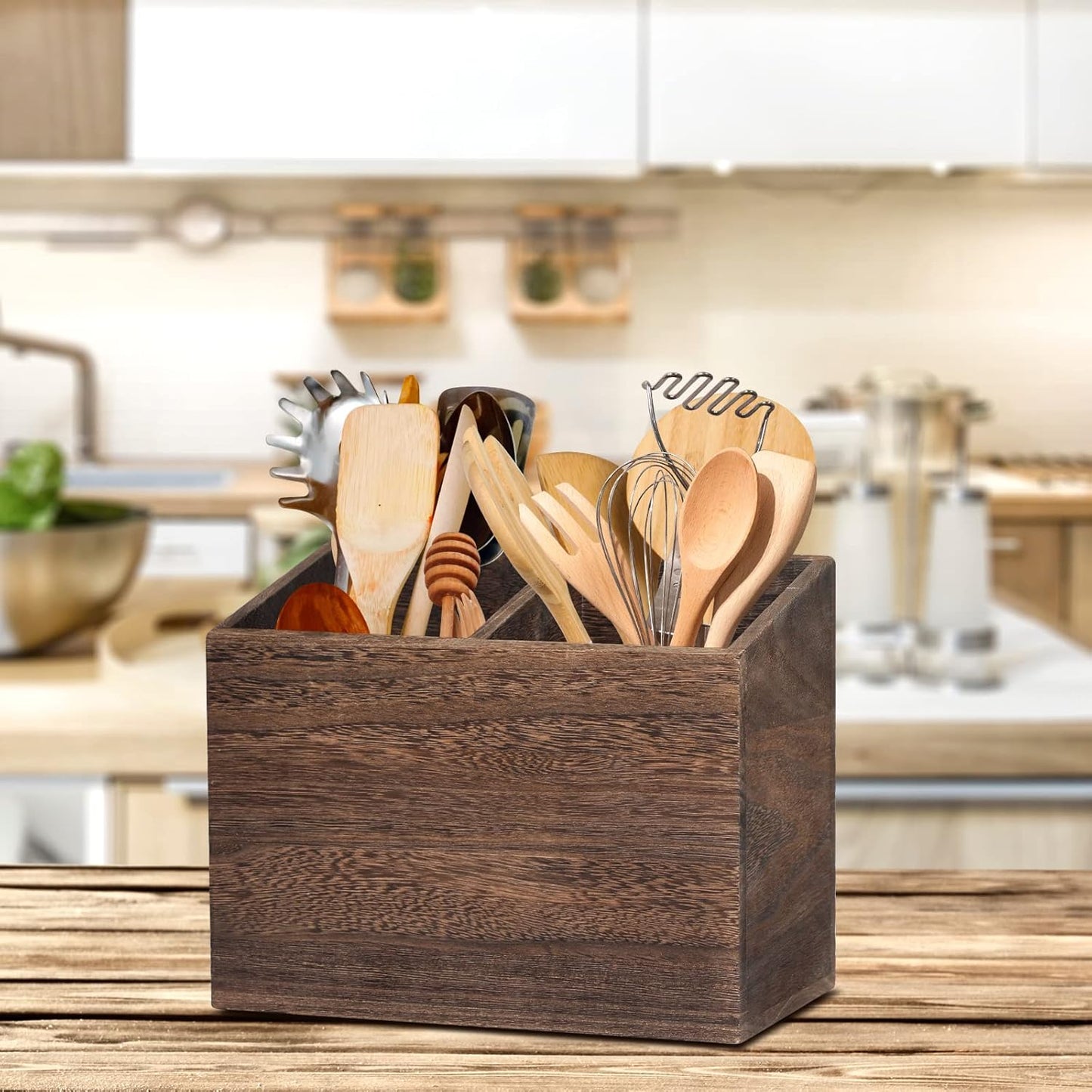 Wooden Kitchen Utensil Caddy With 2 Compartments, Rustic Utensil Holder for Kitchen Countertop, Wood Utensil Crock Organizer Box for Farmhouse Kitchen Decor (brown)
