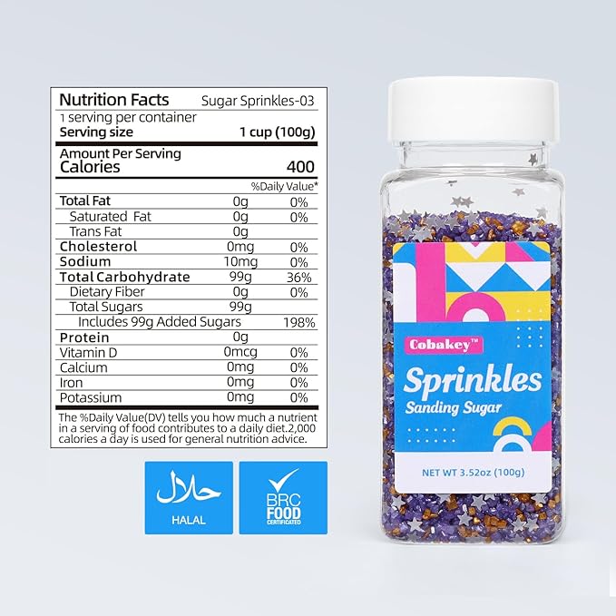 Sanding Sugar Edible Silver Glitter Stars Mix, Edible Purple Gold Sugar Sprinkles for Cake Decorating, Cupcake Toppers Cookie Decorations For Wedding Party Celebrations 3.5oz