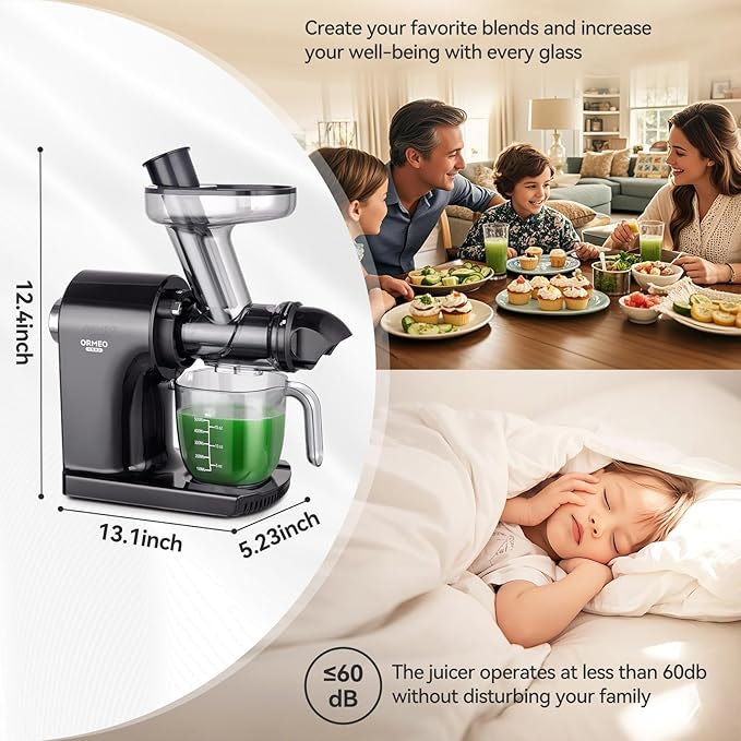 Juicer Machines,ORMEO HOME Cold Press Juicer with Single Knob Control,3.60"Large Feed Chute For Vegetable and Fruit,Masticating Juicers Easy to Clean,BPA-Free,High Juice Yield (Black)