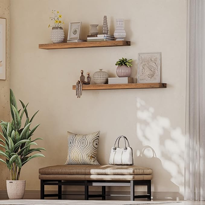 HOOBRO Floating Shelves for Wall, Wall Mounted Shelf Set of 2, 47.2" Hanging Shelf with Invisible Brackets, for Wall Bathroom, Bedroom, Toilet, Kitchen, Living Room, Office, Rustic Brown BF120BJP201