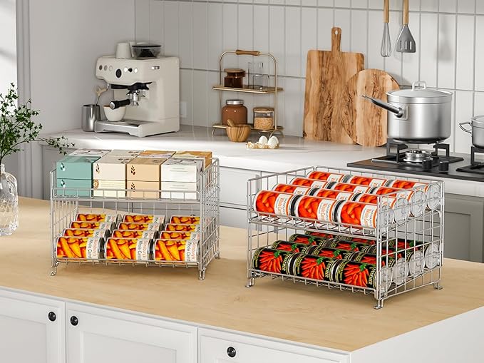 2-Pack Stackable Can Rack Organizer, Can Storage for Kitchen Pantry Cabinet, Can Holders for Food, Multifunctional Can Dispenser for Snacks Soda, Silver