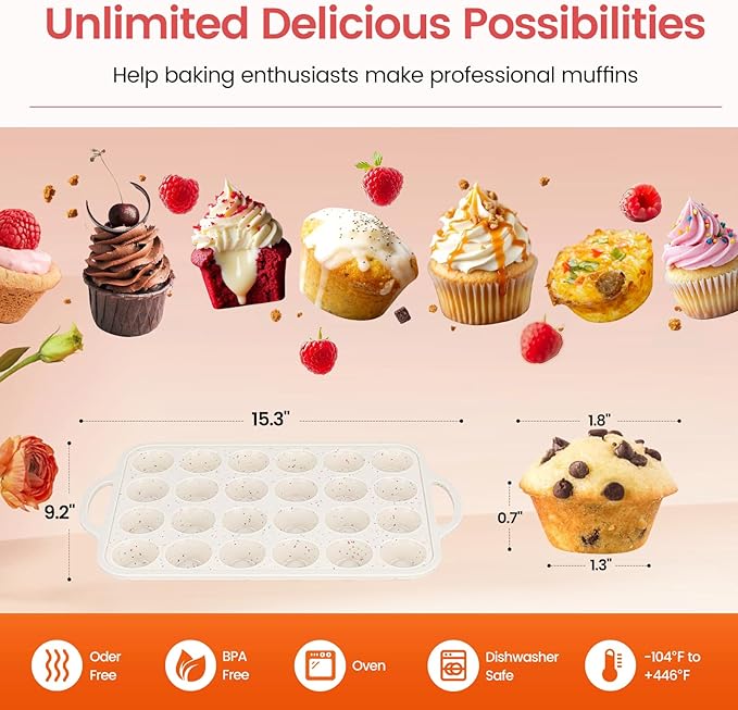 Silicone Mini Muffin Pan With Metal Reinforced Frame - 24 Cups Durable Silicone Cupcake Pan for Muffin, Cupcakes, BPA Free and Dishwasher Safe - 1 Piece Beige with Rainbow Spots