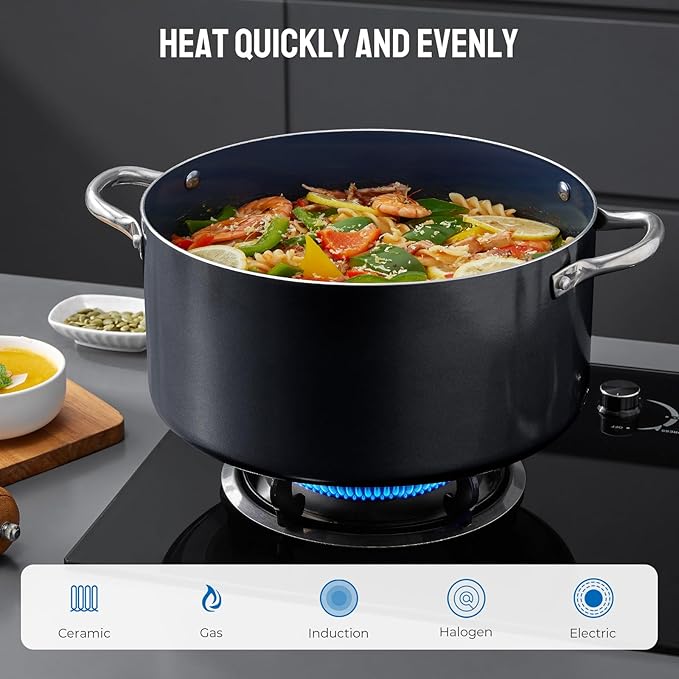 Induction Cookware Set 6-Piece, Stackable Kitchen Cooking Pots Set, 6qt 4.8qt & 2qt Pots with Lids, Dishwasher Safe & Oven Safe, Compatible with All Stoves, Black