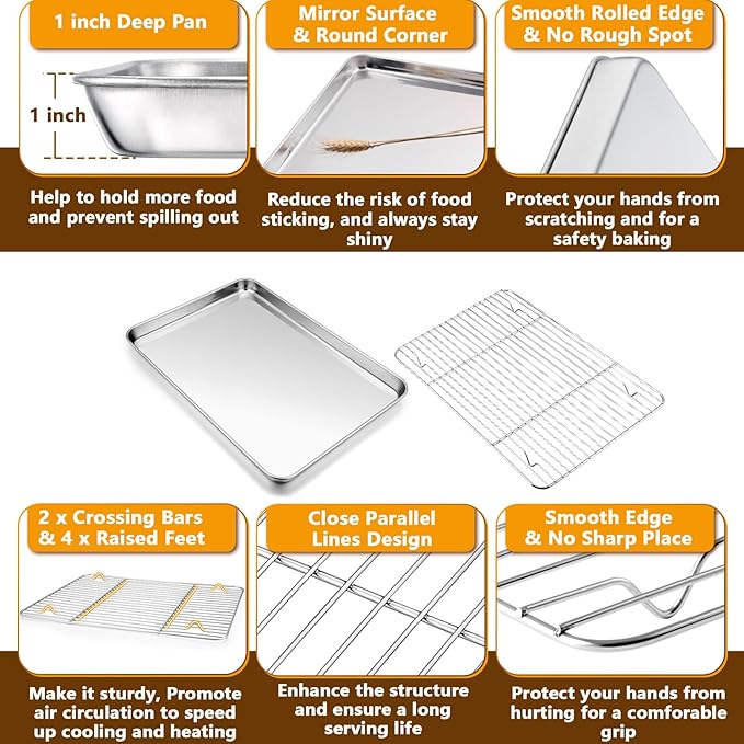 P&P CHEF 16 + 12.5 Inch Stainless Steel Baking Sheet with Rack Set (2 Pans+ 2 Racks), Cookie Sheets Baking Trays and Cooling Wire Racks, Oven & Dishwasher Safe, Pans with Flat Racks