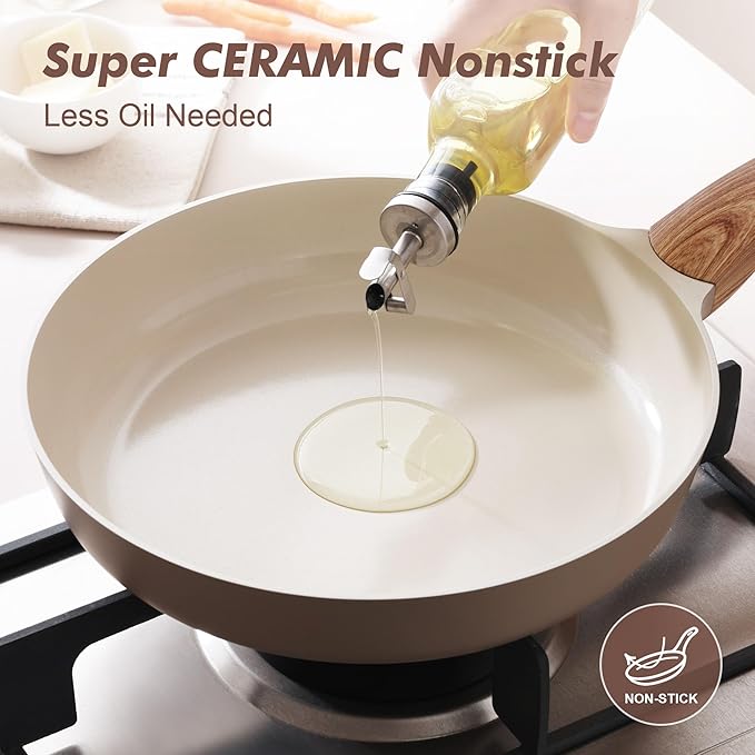 SENSARTE Ceramic Nonstick Frying Pan Skillet with Lid 11inch, Non Stick Pan Omelette Pans, Non-toxic Kitchen Cooking Chef's Pan, Free of Intentionally Added PFOA/PFAS/PTFE, Induction Compatible, Taupe