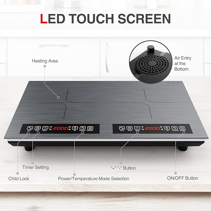 Double Induction Cooktop 110v-120v, 2 Burner Electric Cooktop 24 inch 4000W Induction Stove Top, Hot Plate LED Touch Screen, 9 Temperature, Safety Lock