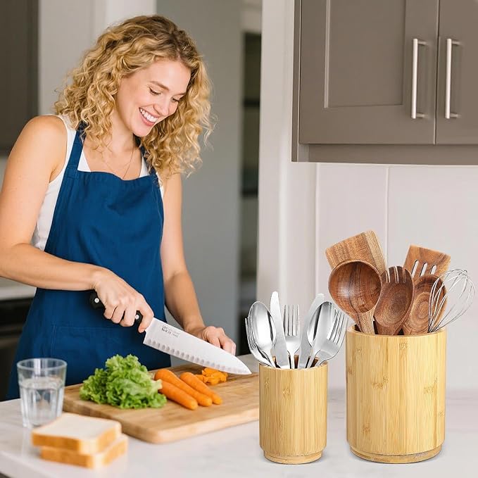 2 Pack Wooden Utensil Holder, 360°Rotating Kitchen Cooking Utensil Crock, Spoon Spatula Holder for Kitchen Counter, Farmhouse Countertop Organizer(Bamboo,Round)