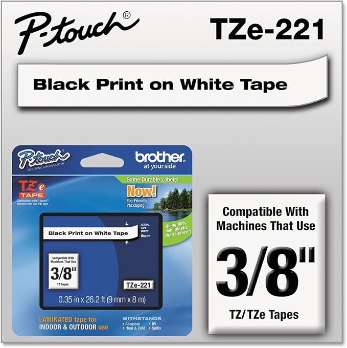 Brother(R) TZe-221 Black-On-White Tape, 0.38in. x 26.2ft., BRTTZ221