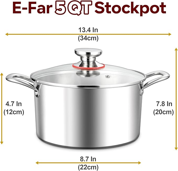 E-far 5 Quart Stock Pot with Lid, 18/10 Tri-ply Stainless Steel Stockpot for Induction Ceramic Gas Stoves, Heavy Duty Cooking Pot for Pasta Soup Stewing Simmering, Oven and Dishwasher Safe