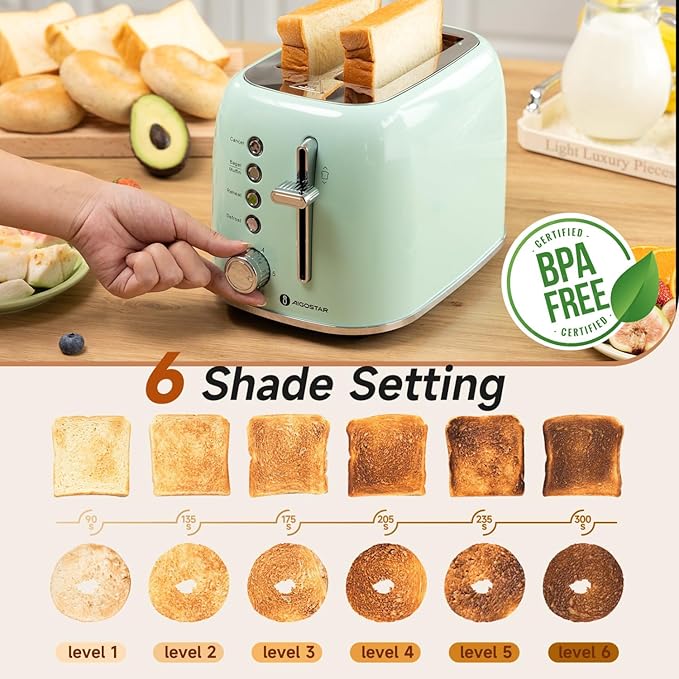 Aigostar Toaster 2 Slice Retro Toaster Stainless Steel, 1.6 inch Extra Wide Slots Bread Toaster Bagel, Cancel, Defrost Function, 6 Shade Settings & Removable Crumb Tray for Bread Waffle, Aqua Green