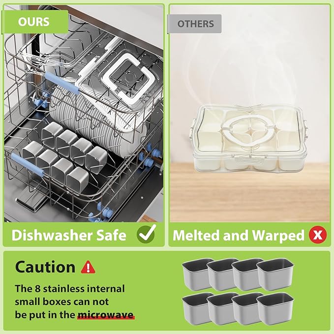 Snackle Box Container, Stainless Steel Divided Serving Tray with Lid and Handle, 8 Compartment Portable Snack Platters - Clear Storage Organizer for Fruit Candy Nuts Veggie - Perfect for Travel Party