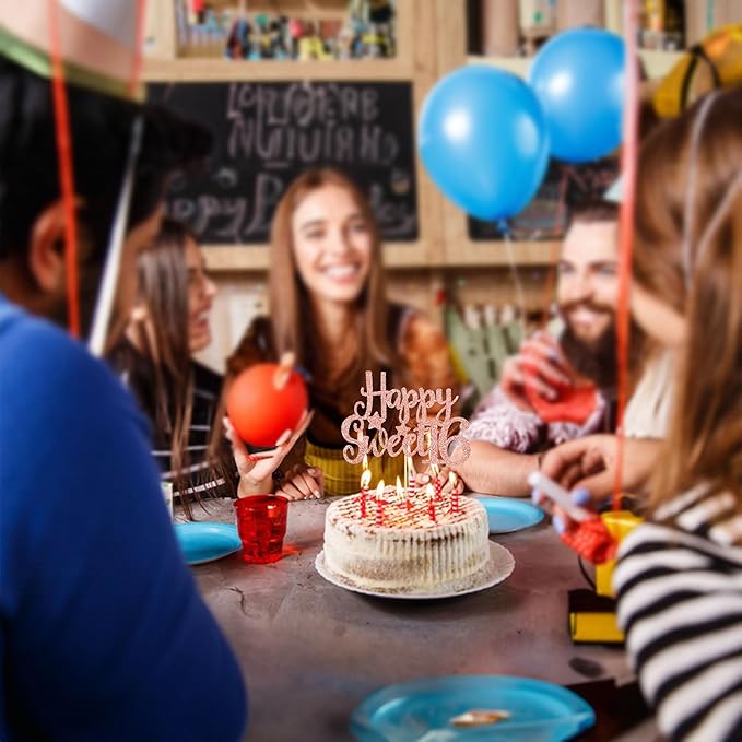 Gyufise 1Pc Happy Sweet 16 Cake Topper Rose Gold Glitter Sweet 16 Birthday Decorations Happy 16th Birthday Decorations for Girls Boys