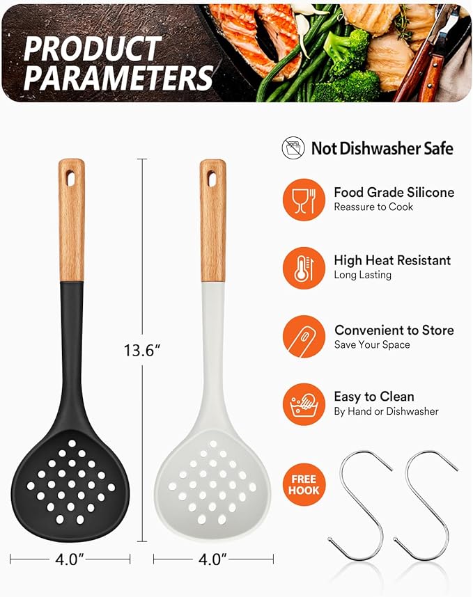 Kitchen Ladle Strainer, Large Slotted Spoon with High Heat Resistant BPA Free, Non Stick Cooking Skimmers For Draining & Frying, 13.2inch (Black & White)