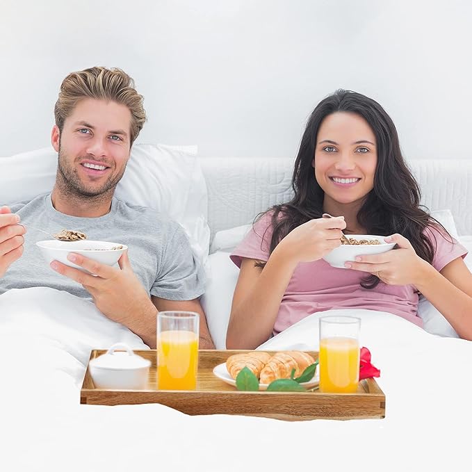 Acacia Wood Serving Tray with Handles - 17-Inch Decorative Wooden Tray - Perfect for Breakfast, Lunch, Dinner, Appetizers, Patio, Ottoman, Coffee Table - Durable Living Room and Couch Tray