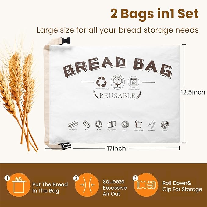 2-Pack Bread Bags, Reusable Bread Bags for Homemade Bread, Buckle Closure,Fresh Keeping Extra Large Bags, Food Bag (Mix colour)