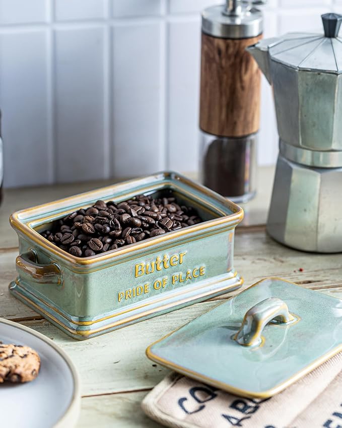 Butter Dish with Lid, Ceramic Butter Holder Container Large Butter Dish for Countertop Farmhouse Decor Butter Keeper for East West Coast Butter, Green