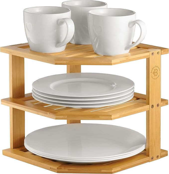 Cabinet Organizer Shelf - Bamboo Corner Rack for Kitchen Counter, Cabinet Space Saver for Plates, Dishes, Bowls, Bread - Pantry and Bathroom Storage or Countertop - Useful Home & Housewarming Gift