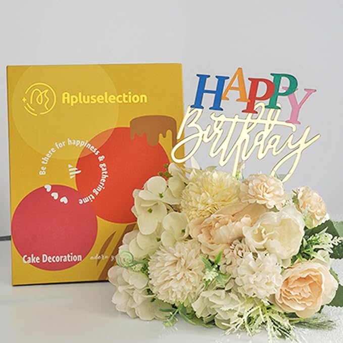 Acrylic Gold Happy Birthday Cake Topper, 7.5" x 6" Rainbow Birthday Cake Decoration (Gold)