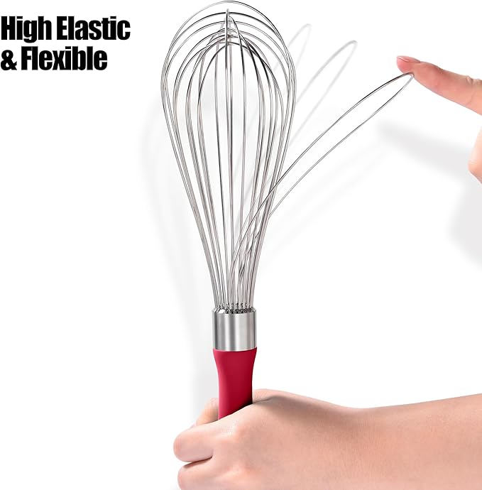 18/8 Stainless Steel Balloon Whisk, Doosu Kitchen Whisk for Cooking Handheld Egg Beater with Rust-Proof Sturdy Wires & Non-Slip Silicone Handle for Beating, Stirring, Blending (12 Wires, Red)