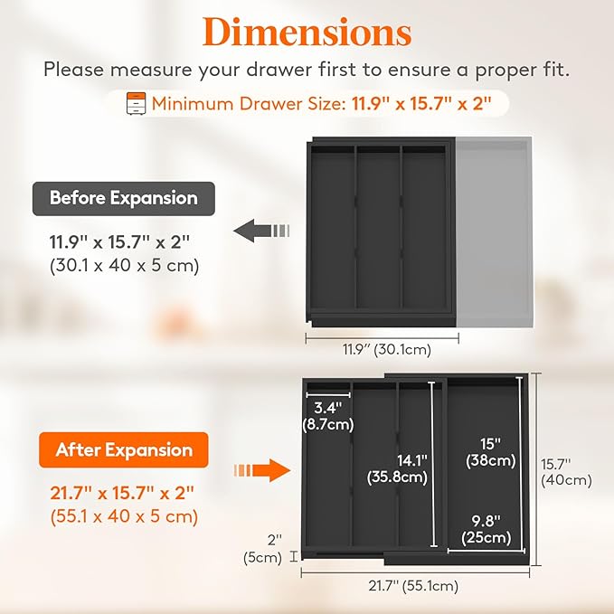 Lifewit Utensil Drawer Organizer, Expendable Cooking Silverware Tray for Kitchen Drawer, Bamboo Adjustable Cutlery Flatware Holder, Spatula Tools and Gadgets Storage Divider, 4 Compartments, Black