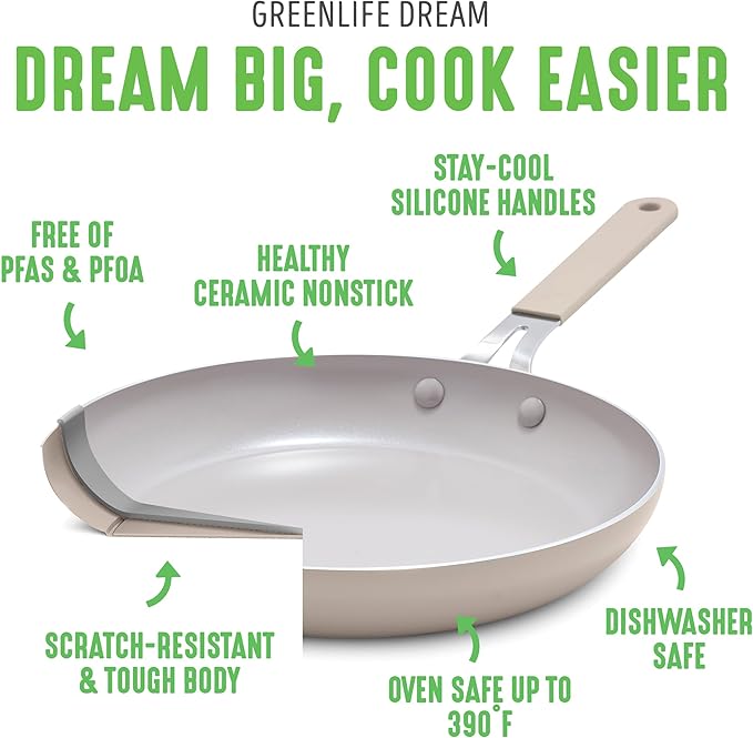 GreenLife 8” & 10” 2 Piece Nonstick Ceramic Frying Pan Set, Lightweight Healthy PFAS-Free Skillets, Dishwasher & Oven Safe, Durable Body, Silicone Stay-Cool Handles, Easy Release, Taupe