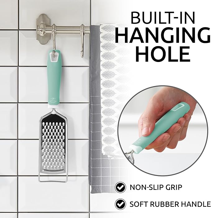 Zulay Kitchen Professional Cheese Grater Stainless Steel - Durable Rust-Proof Metal Lemon Zester Grater With Handle - Flat Handheld Grater For Cheese, Chocolate, Spices, And More - Mint