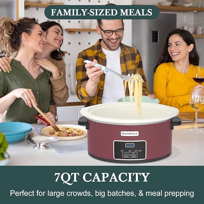 7-Quart Programmable Slow Cooker with Timer Keep Warm - Small Kitchen Appliance for Family Dinners - Serves 6+ People (Red Shell + White Ceramic Liner)