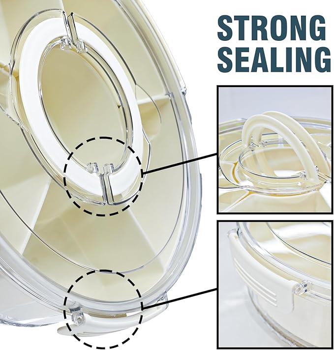 Divided Serving Tray with Lid Rotating Veggie Tray Charcuterie Tray for dinner party, Portable Snack Spinner for Picnic, Travel, Leakproof Serving Platter