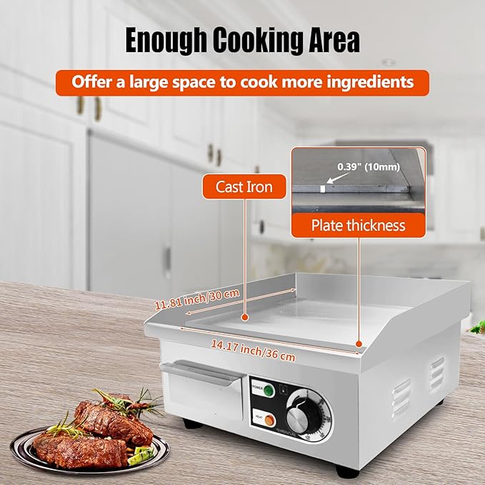 14" Commercial Electric Griddle,Electric Countertop Flat Top Griddle,110V 1500W Electric Flat Top Grill,Non-Stick Restaurant Teppanyaki Stainless Steel Grill,Adjustable Temperature Control