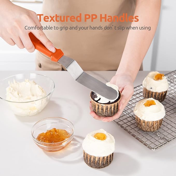 Icing Spatula, U-Taste Offset Spatula Set with 6", 8", 10" Blade,Stainless Steel Angled Cake Decorating Frosting Spatula Set of 3 (Orange)