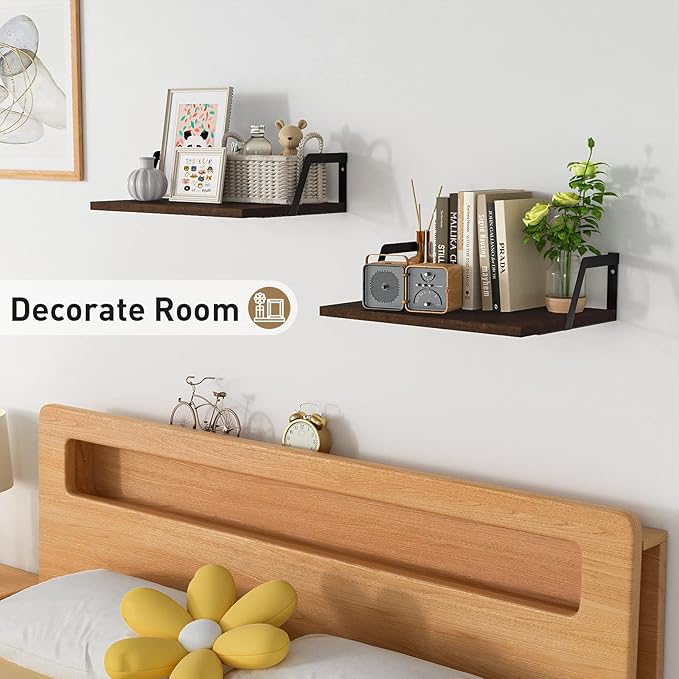 SRIWATANA Floating Shelves Wall Mounted Set of 2 Rustic Wood Shelves with Large Capacity(Dark Walnut)
