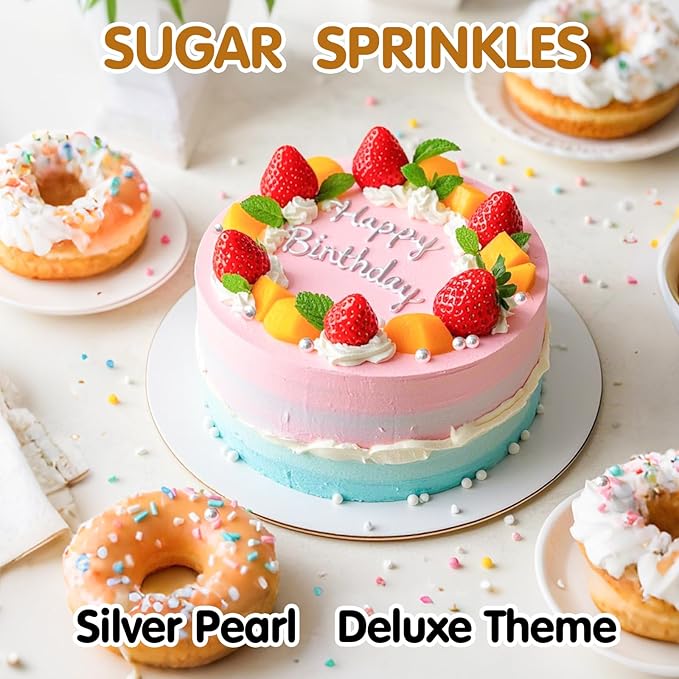 Silver Pearl Sprinkles, Edible Pearl Sugar Sprinkle,Mix Size,Baking Edible Cake Decorations,Cupcake Toppers,Cookie Decorating Donuts Ice Cream Toppings,Wedding Birthday Party Valentines Christmas Supplies,130g/4.58oz