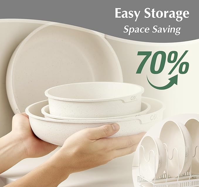 KOCH SYSTEME CS 17 PCS Pots and Pans Set, Nonstick Cookware Set Detachable Handle, Induction Kitchen Cookware Sets Non Stick with Removable Handle, RV cookware set, White