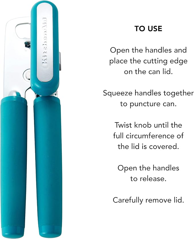 KitchenAid Classic Multifunction Can Opener and Bottle Opener Easy to Use, Razor Sharp Stainless Steel Cutting Wheel, Soft Ergonomic Handles, Ocean Drive
