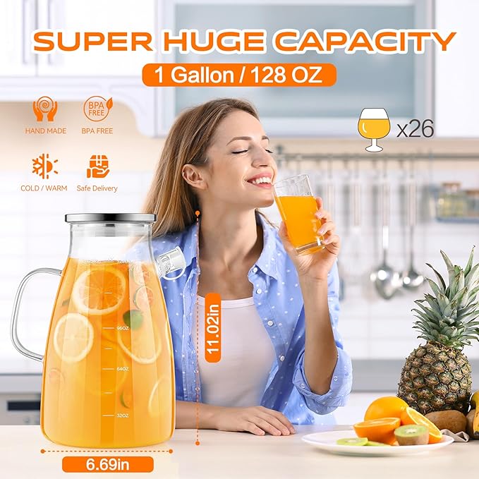 1 Gallon 128oz Glass Pitcher,Water Pitcher with Full Seal Lid and Spout, Glass Carafe for Hot/Cold Drink, Water Jug for Iced Tea, Coffee, Juice, Milk, Beverage