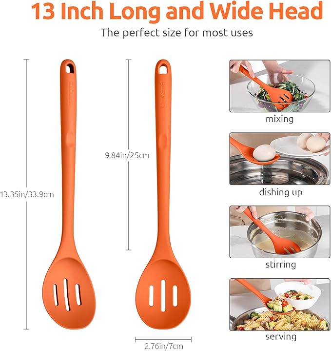 600ºF Heat Resistant Slotted Spoon: U-Taste 13.3in Solid Kitchen Cooking Spoon, Nonstick Food Grade Large & Long Rubber Utensil for Mixing, Serving, Stirring, Basting, Frying, Draining (Orange)