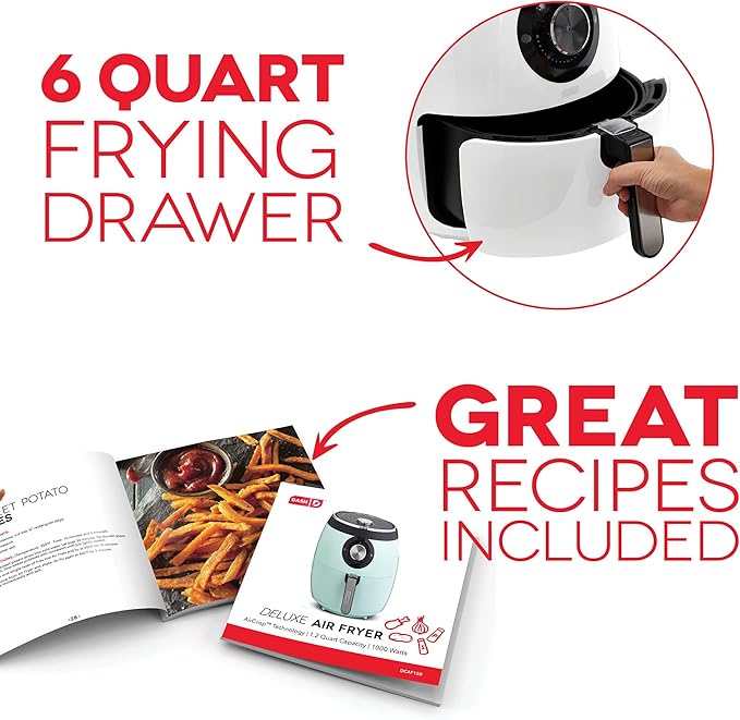 Dash Deluxe Electric Air Fryer + Oven Cooker with Temperature Control, Non-stick Fry Basket, Recipe Guide + Auto Shut Off Feature, 1700-Watt, 6 Quart - White