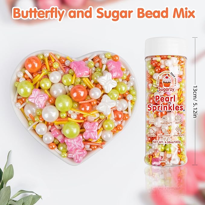 Butterfly Sprinkles,Edible Pearl Sugar Decorating,Colorful Candy Sprinkles Jimmies Mixed,130g/4.58oz,Orange White Pink Edible Cake Decorations,Perfect for Baking,Dessert,Ice Cream,Cookies,Cupcake Toppers,Wedding Party Birthday Supplies