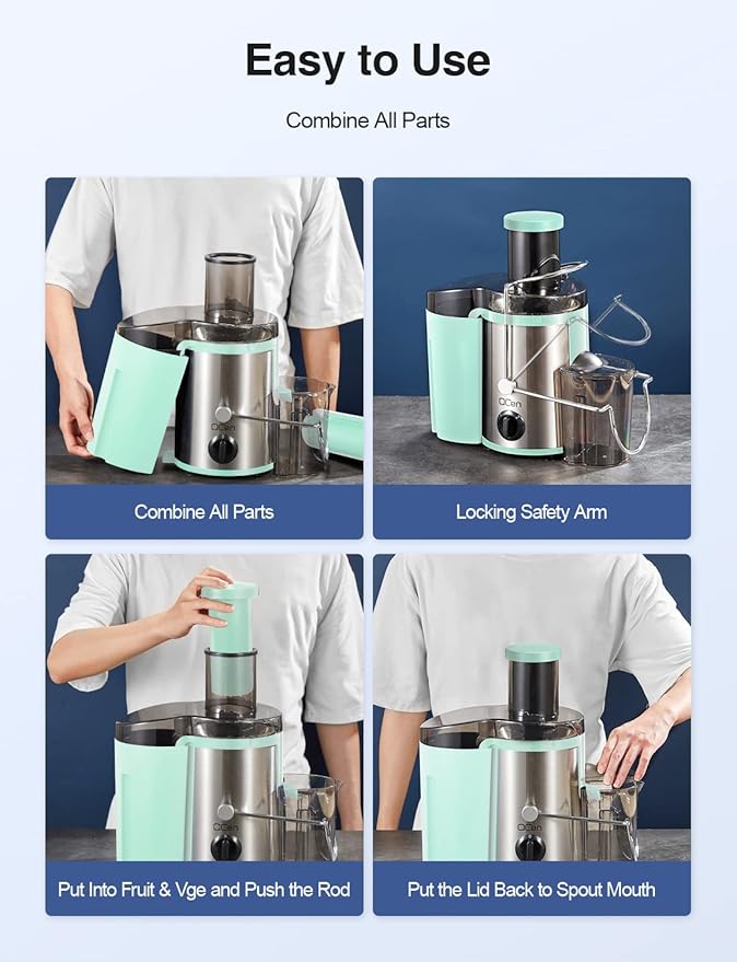 QCen Juicer Machine, 500W Centrifugal Juicer Extractor with Wide Mouth 3” Feed Chute for Fruit Vegetable, Easy to Clean, Stainless Steel, BPA-free (Aqua)